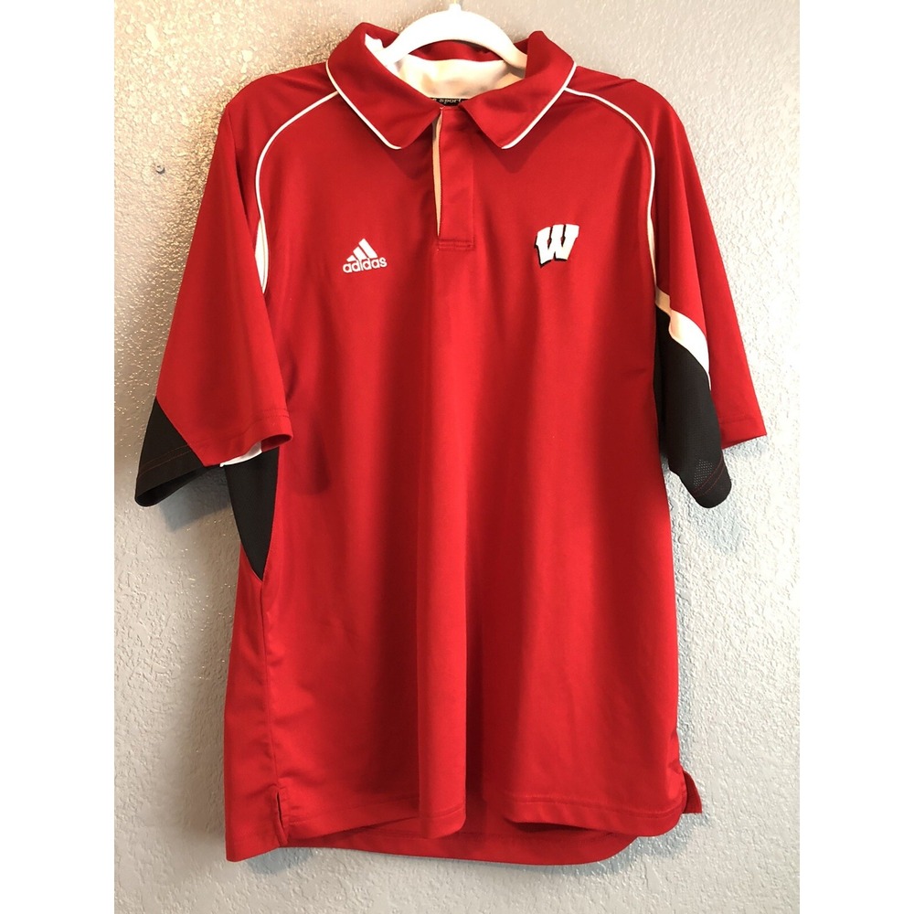 Adidas Wisconsin Badgers Climacool Mens Medium Polo Shirt Red White Short Sleeve